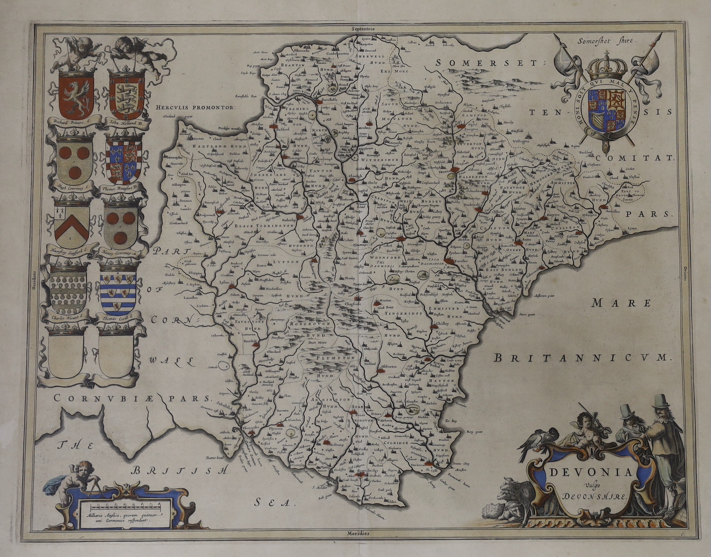 Johannes Blaeu, two coloured engravings, Maps of Devonia and Eboracensis (Yorkshire), overall 50 x 58cm (later impressions)